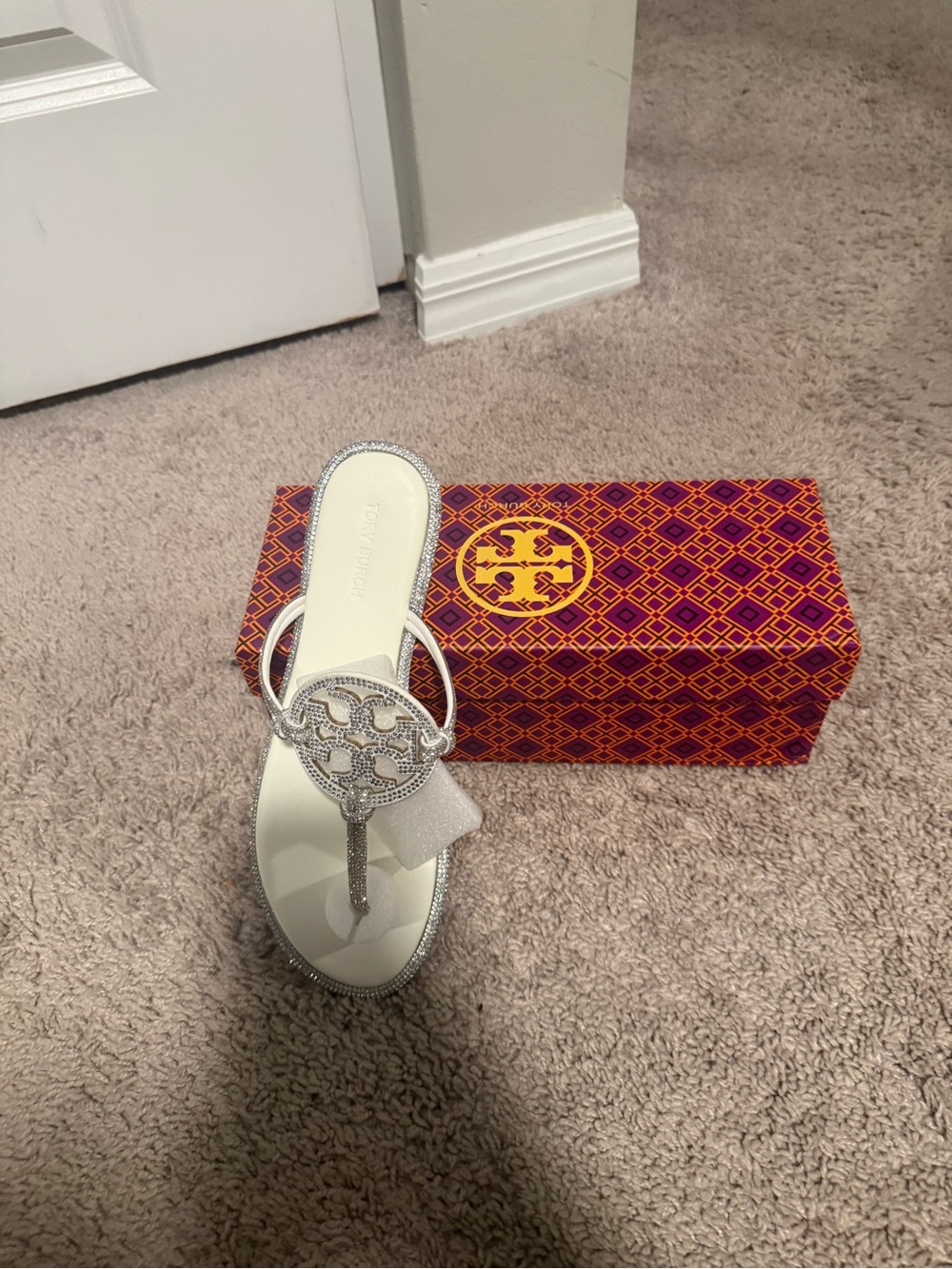 Tory Burch White Crystal Logo Thong Sandal